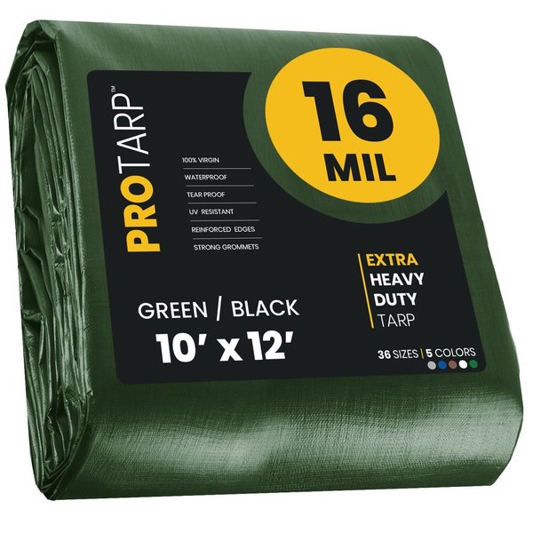 Protarp 10 ft x 12 ft Heavy Duty 16 Mil Tarp, Green/Black, Polyethylene, Waterproof, Rip and Tear Proof PT-103-10X12